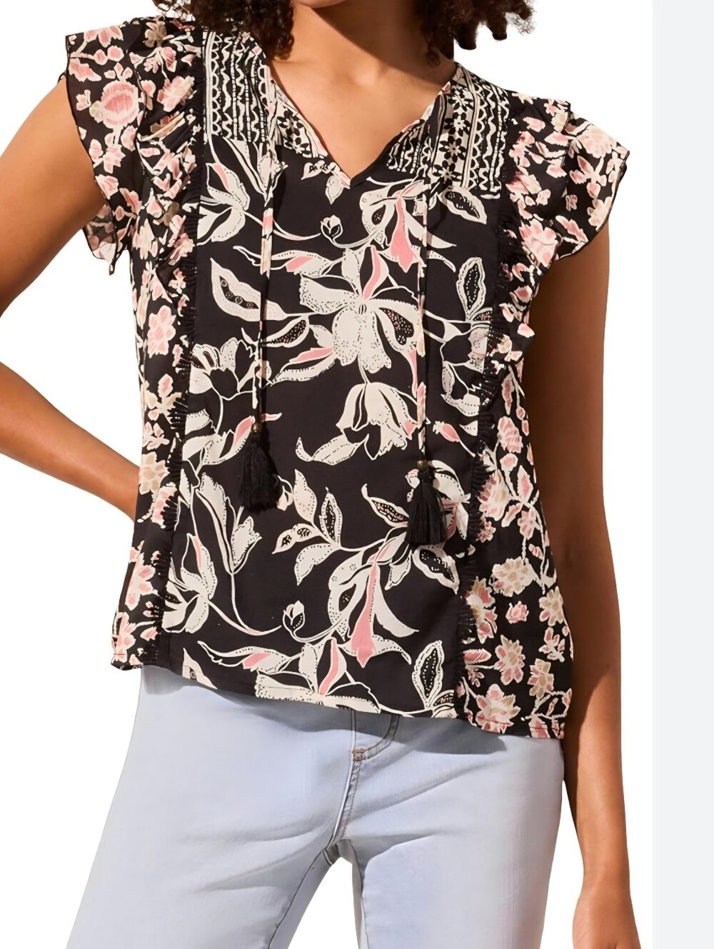 Tribal Black Floral Tassel V-Neck Blouse